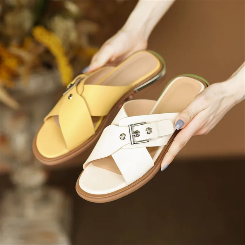 

2023 New Summer Slippers Split Leather Summer Shoes Round Toe Low Heels Shoes for Women Zapatos Mujer Handmade Ladies Shoes