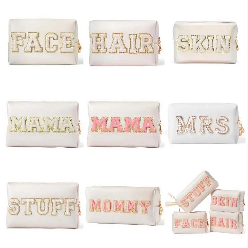 Preppy Patch Extra Large Varsity Chenille Letter Makeup Bag PU Leather Waterproof Portable Cosmetic Toiletry Bag Organizer Gift