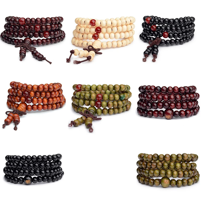 108 Beads Natural Sandalwood Buddhist Bracelets Buddha Prayer Wood Beaded Bracelet Knot 4-Layer Wrist Chain Men Women Bangles