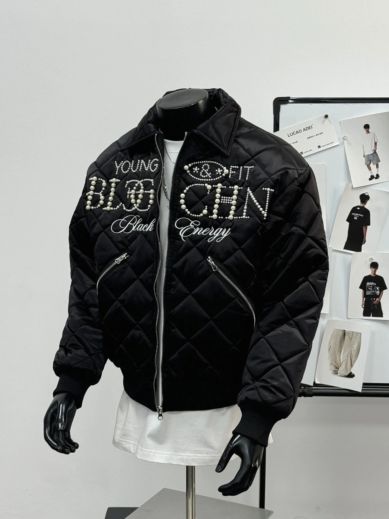 

Thiened Embroidered Pearl Diamond Pattern Cotton Jaet Men's Winter Vintage American Sle Stand Collar Warm Cotton Coat