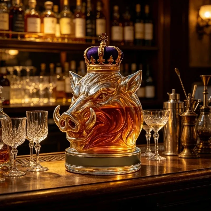 Crowned Wild Boar Head Whiskey Decanter, Royal Crown Pig Liquor Bottle, Glass Decanter for Bourbon Scotch Home Bar Decor Gift