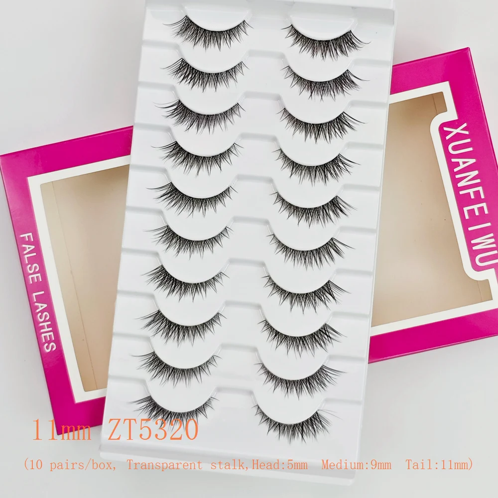 Ciglia di tipo volpe stile diagonale corto davanti lungo dietro Xuanfeiwu, stelo trasparente naturale di celebrità di Internet, coda per occhi allungata, ciglia finte a striscia completa, ciglia per trucco naturale realistico Cat-Eye