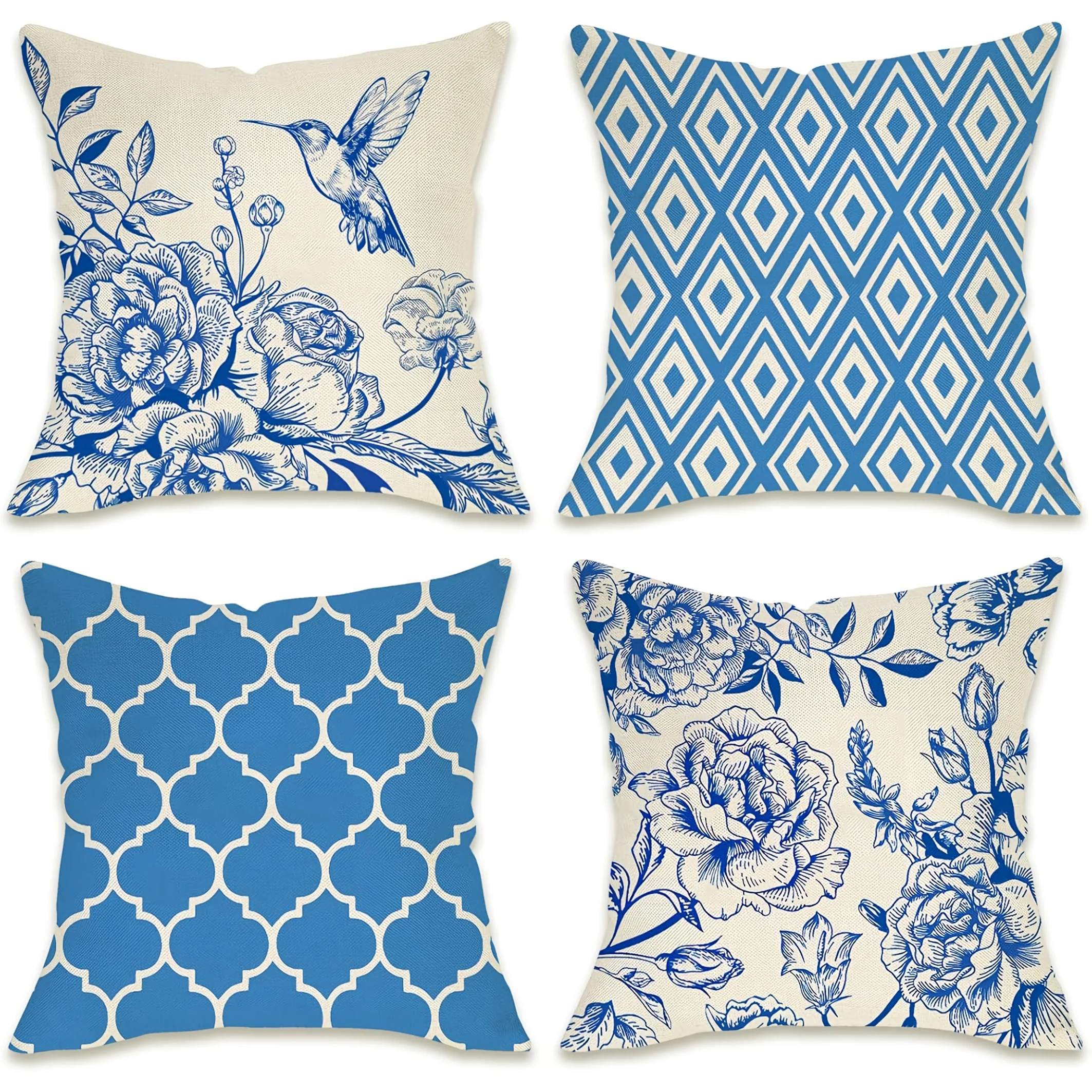 

4pcs Rustic Peony & Hummingbird Decorative Pillow Covers - Blue and White Porcelain Geometric Design, Vintage Linen Blend Cushio