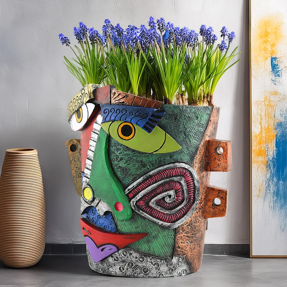 Retro Blumentopf mit Menschlichem Gesicht, Bunter Abstrakter Kunst-Sukkulententopf, Lustige Harz-Ornamente, Großer Durchmesser Kreativer Pflanzentopf – Detail 6