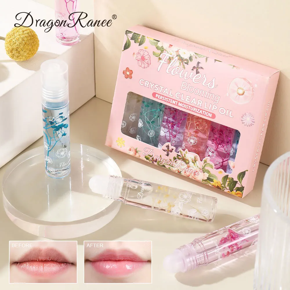 6Pcs/Set Flower Crystal Clear Lip Oil Transparent Colorless Moisturizing Hydrating Lip Gloss Anti Drying Lip Care Cosmetics