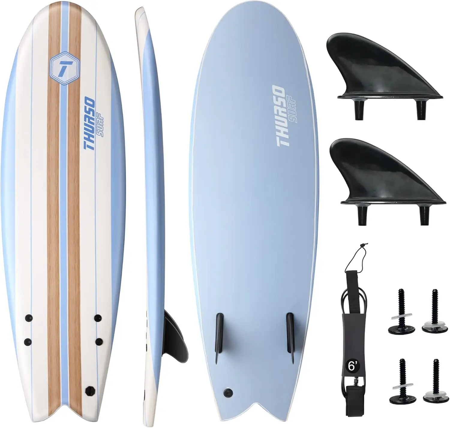 

' Soft Top Foam Surfboard Fish Surf board for Kids & Adults Includes Twin Fins Double Swivel Leash EPS Core IXPE Deck HDPE Slick