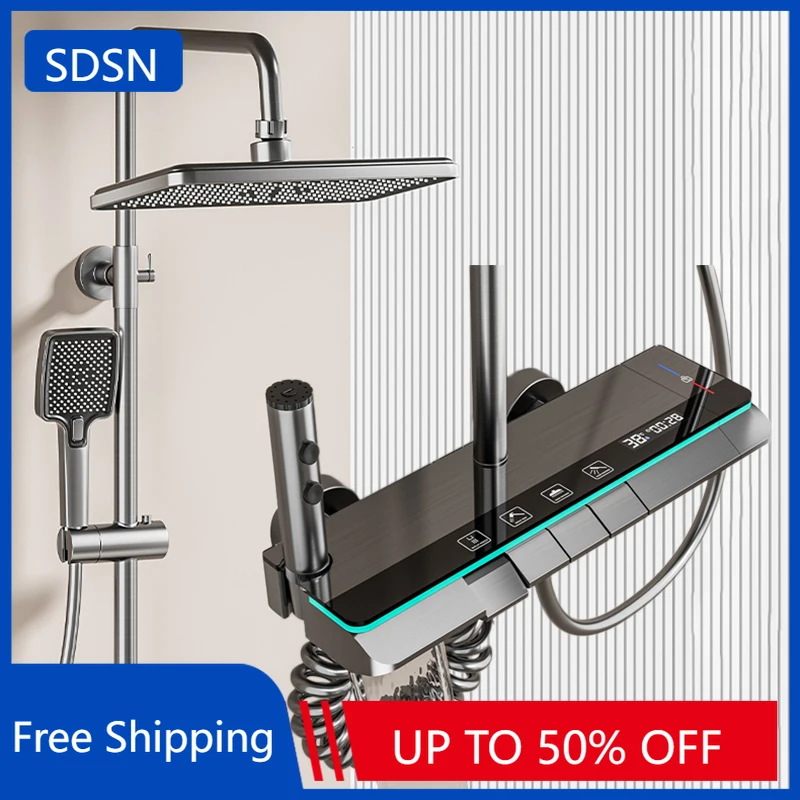 

Hot Cold Piano Digital Bathroom Shower Set Rainfall Shower Head Brass Bathroom Faucet Accessories Digital Bathroom Shower System