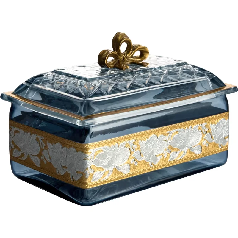 &c European-style Luxury Painted Blue Copper Carved Rectangle Glass Cover Box with Lid Home Decor Gift Storage