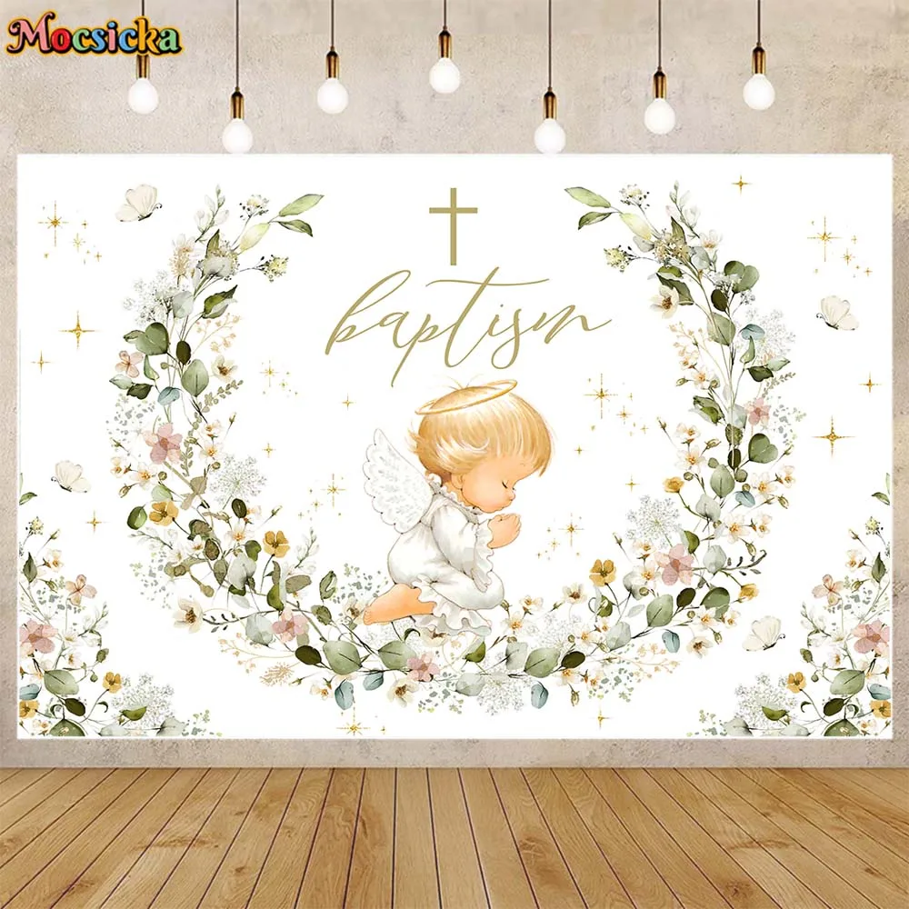 

Mocsicka Baptism Backdrop Angel Cross Newborn Christening Background Boy First Holy Communion Party Decor Photo Studio Photocall