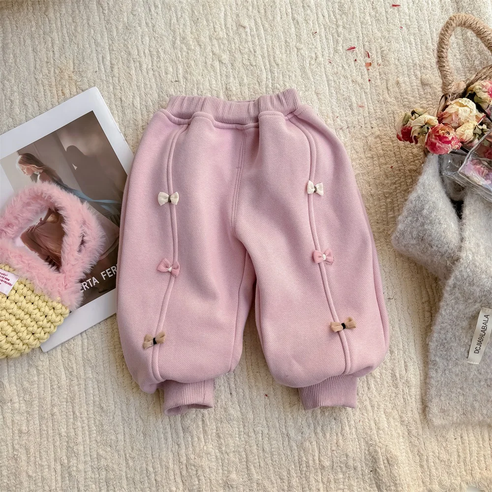 2024 Korean Winter Baby Girls Pants Cotton Plus Velvet Knotbow Loose Versatile Infant Girls Pants Toddler Girls Trousers