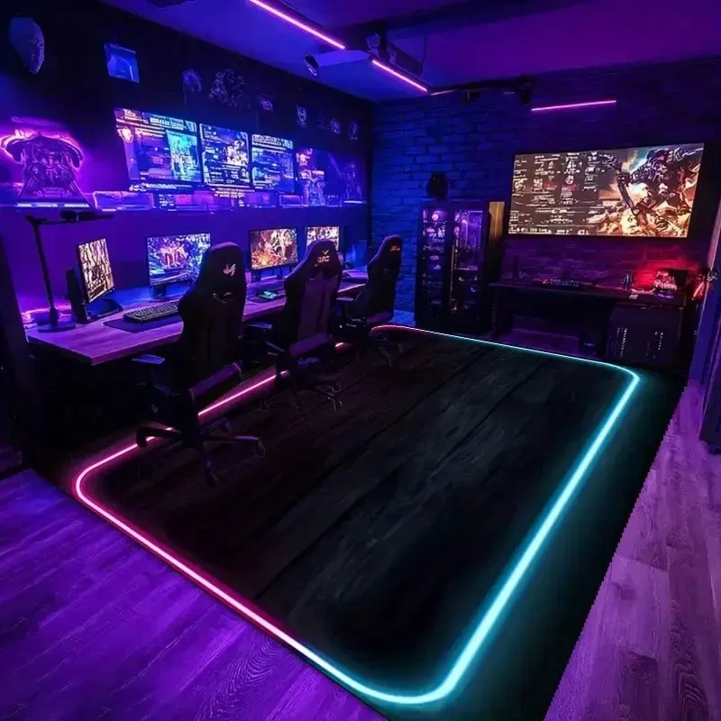 VIKAMA Cyberpunk Neon Smoke Gaming Rug Black Luminous Border Non Slip for Gamer Desk Bedroom Home Decor