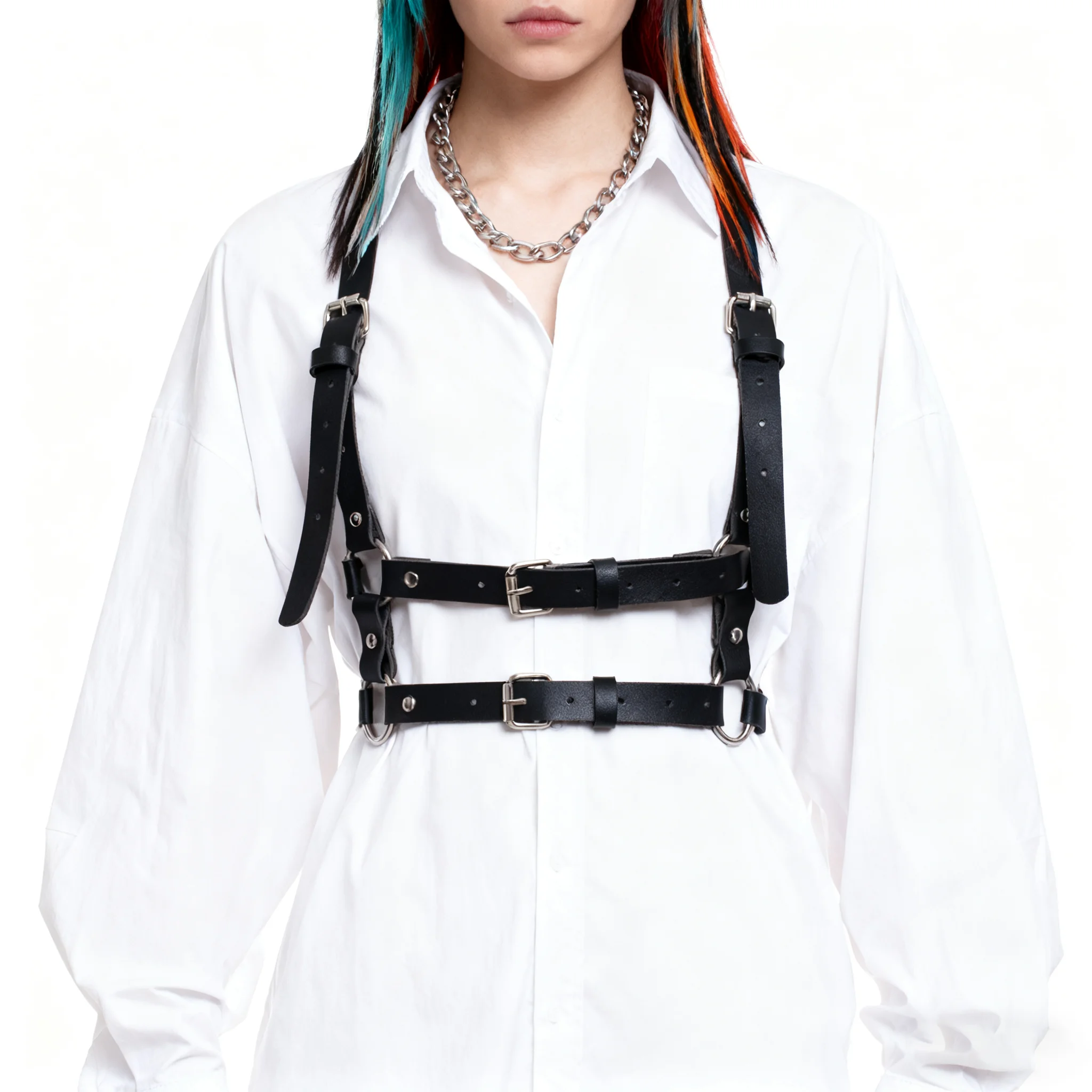 

UYEE Rock Мужчины Женщины Ремень из искусственной кожи Y2K Стиль Ремень Сексуальная цепочка на плечо и грудь с металлическим кольцом для аксессуаров для костюмов