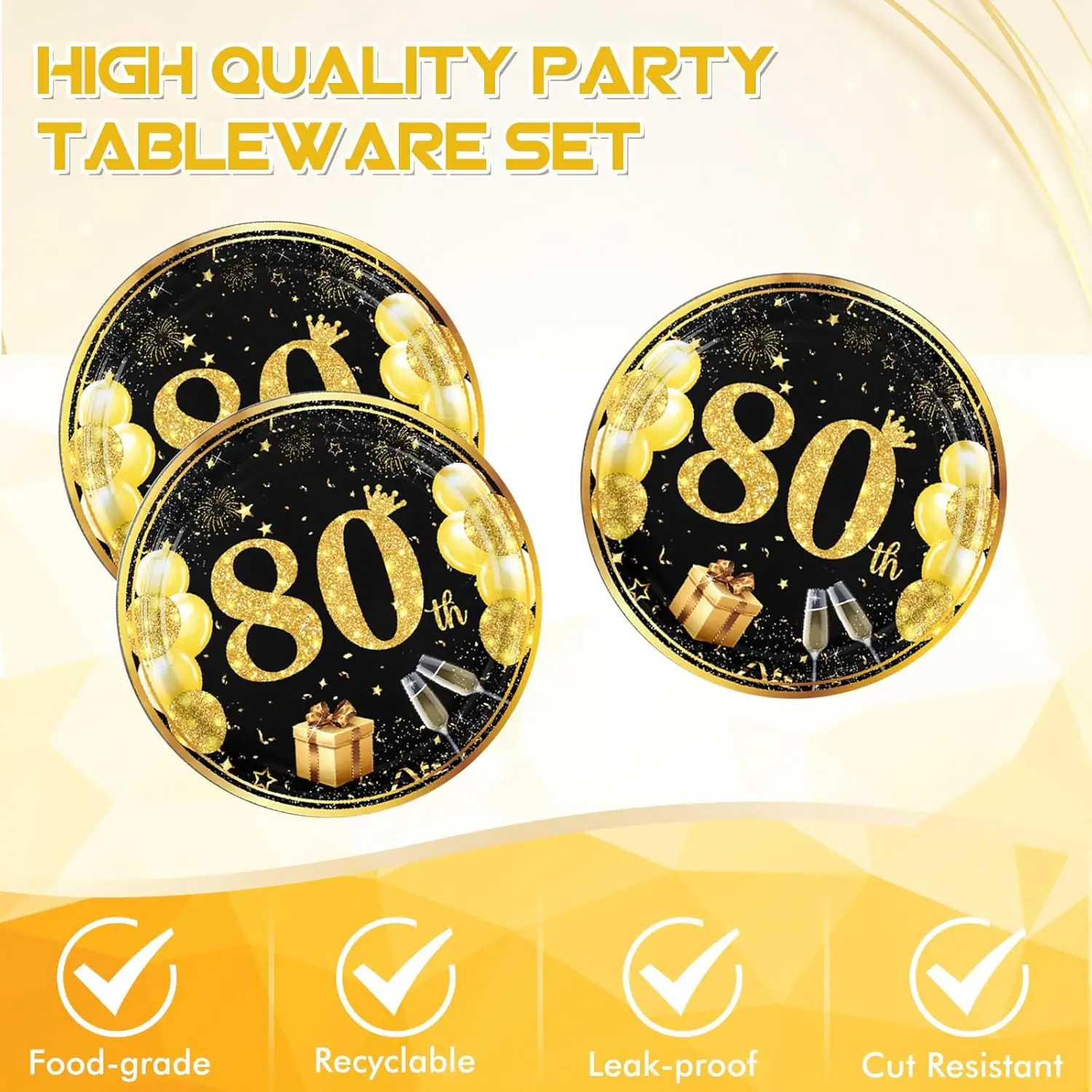 80th Birthday Decorations Black and Gold, 80th Birthday Party Supplies Black Vintage Plates, Napkins, Cups 80th Birthday Plates