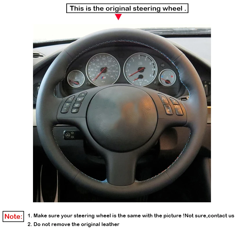 Black Faux Leather Car Steering Wheel Cover for BMW M Sport 3 Series M3 E46 5 Series M5 E39 2000-2006