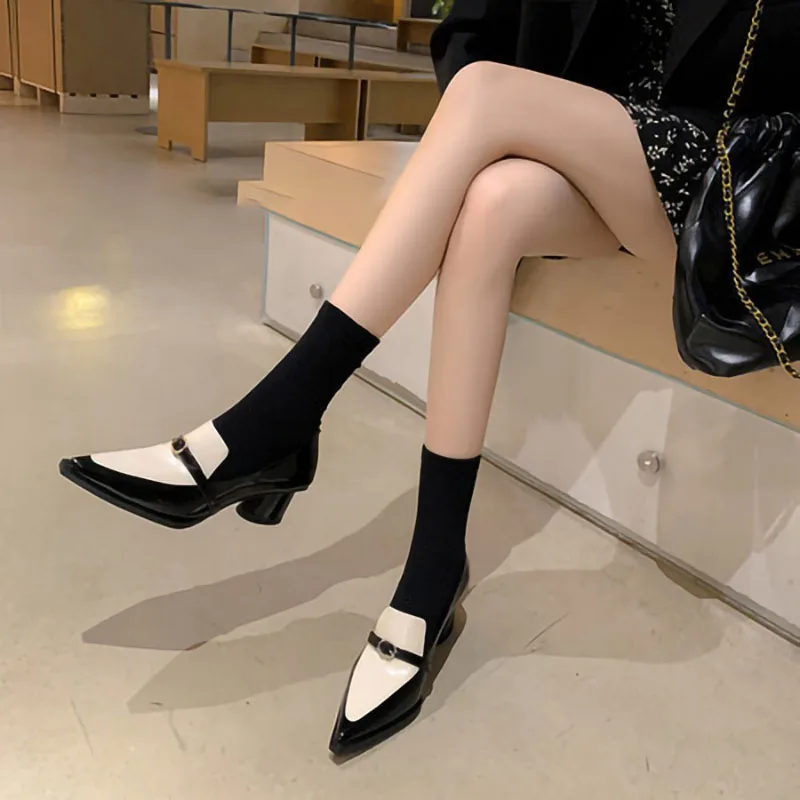 Genuine leather retro pointed single shoes women's color blocked loafers temperament thick heels high heels work shoes