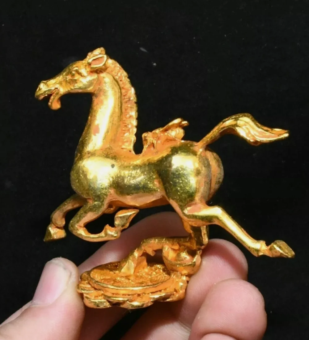3.1''Old Chinese Dynasty Bronze Gilt Cicada Horse Animal Statue Sculpture