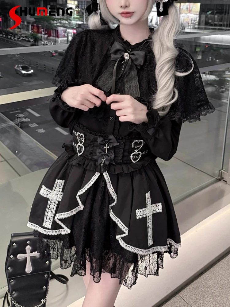 

Original Japanese Dark Subculture Mines Style Cloak Spliced Long Sleeve Shirt High Waist Bow Heart Button Short Skirt for Women