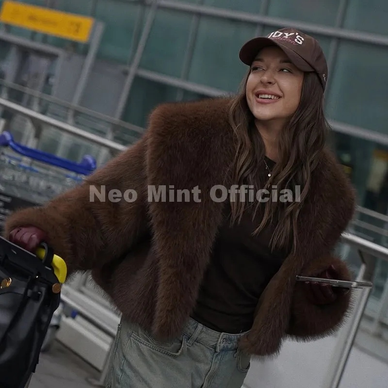 Neo Mint Winter 2025 Trendy Brown Obsession Cropped Shawl Collar Faux Fur Coat Women Jacket Chic Girls Brand Fox Fur Outerwear