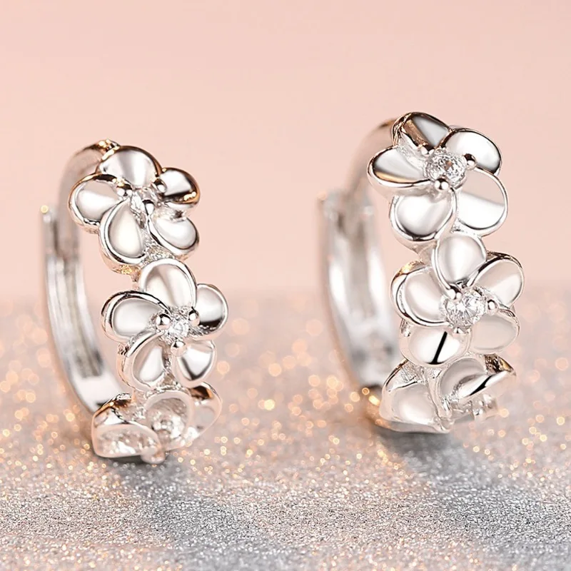 925 Silver Needle New Women's Crystal Zircon Earring Flower Type Three Five-leaf Flower Earring Charm Jewelry Accessories