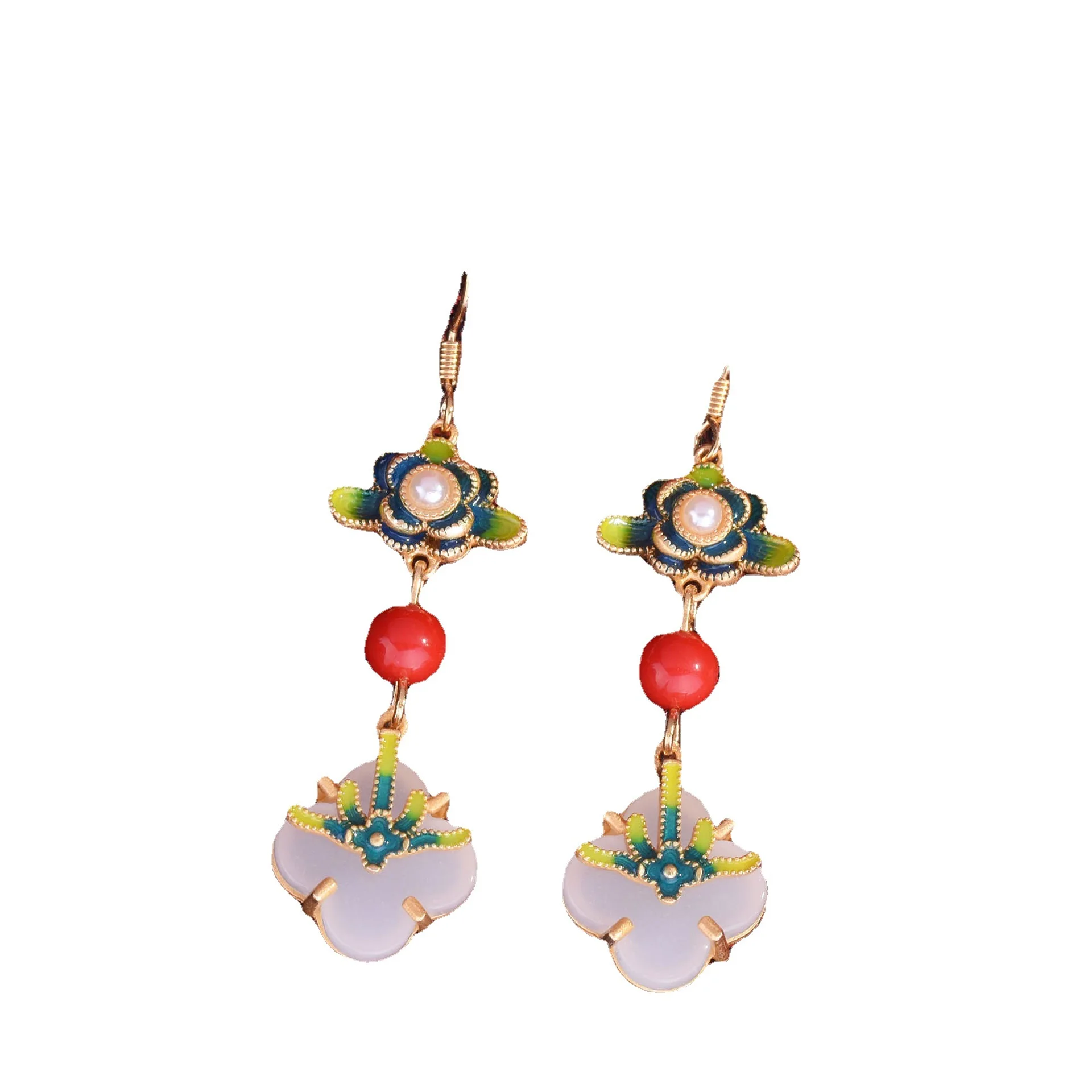 S925 Sterling Silver Stud Earrings Craft Painted Enamel Ornaments With Fringed Hetian Jade Elegant Classic Ear Jewelry For Women