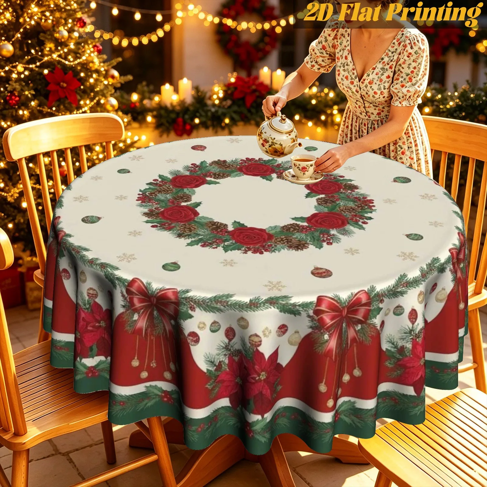 1 piece creamy red bow angel flower pine pattern round tablecloth, home tabletop decoration, suitable for Christmas parties