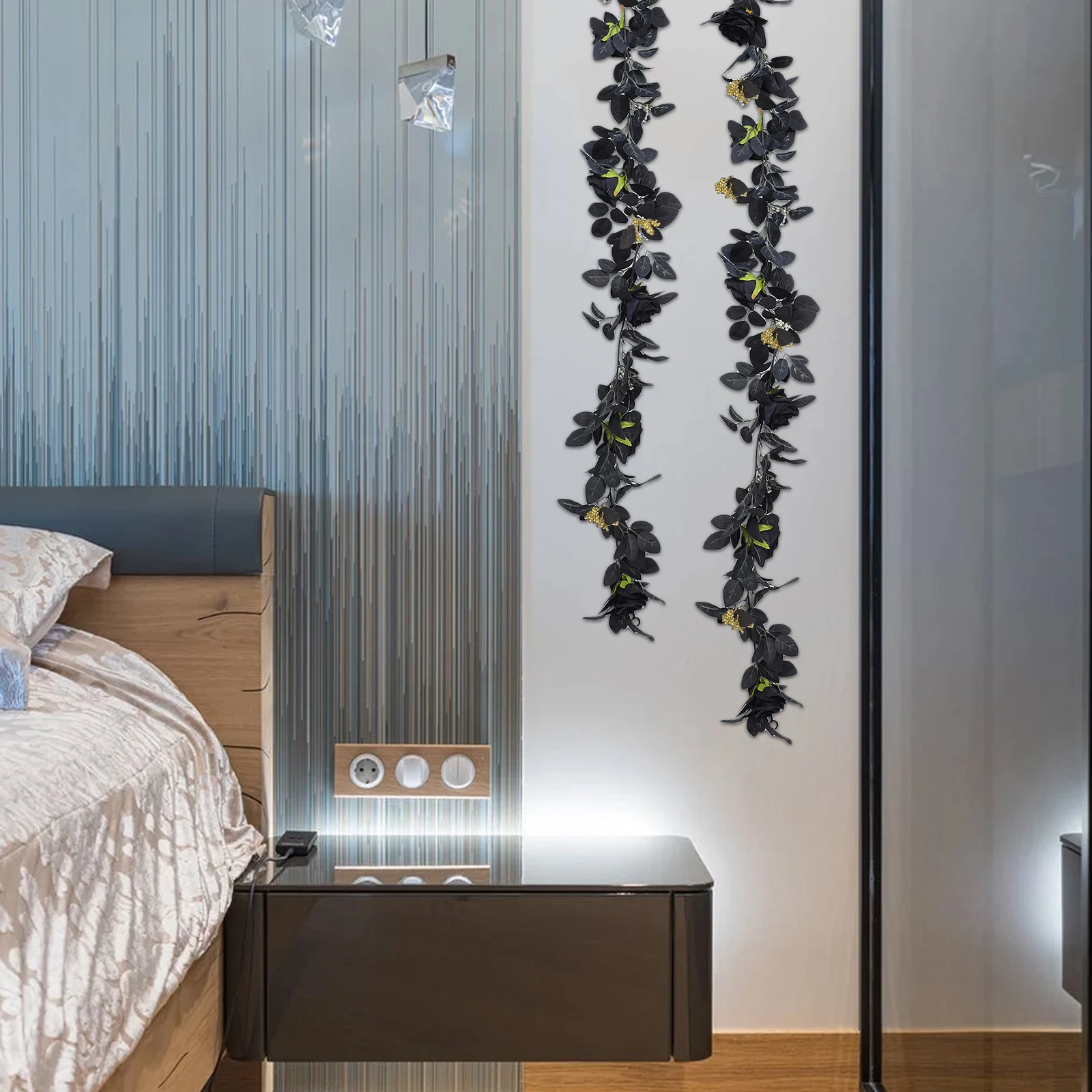 

Black Rose Simulation Rattan Artificial Flowers Decor Hanging Plant Wall nament Home Party Simulation Plant Decorative