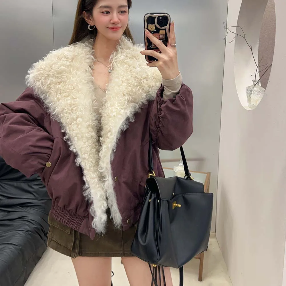 سترة شتوية عصرية لعام 2025 سترة نسائية خارجية فاخرة سترة نسائية معاطف بياقة من صوف الضأن الحقيقي الطبيعي #3