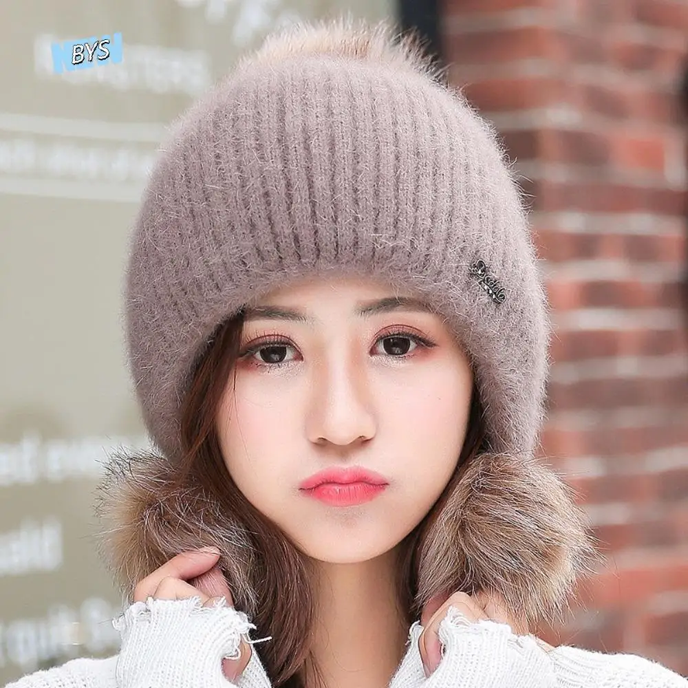 

Thickened Warm Knitted Hat Breathable Comfortable Fur Pompom Beanies Hat Solid Color Ear Protection Pullover Hat Outdoor