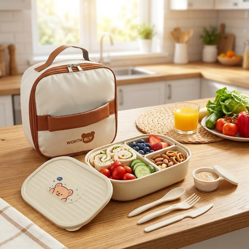 Kids Divided Bento Box 3 Compartment Portable Plastic Meal Prep Food Storage Containers Microwave Safe School Snack Lunch Box