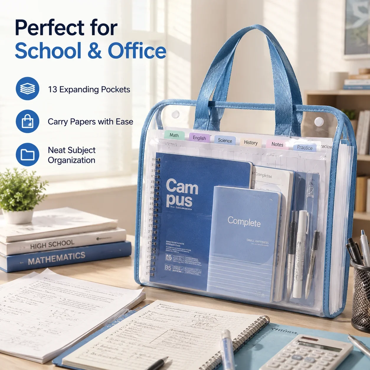 A4 Handled PVC Expanding File Bag, Large Capacity Exam Paper Storage Organizer, Multi-Layer Student Document Pouch