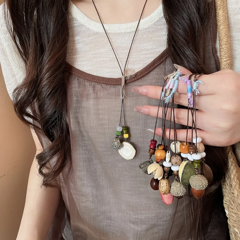 Minar Creative Multiple Real Dye Lemon Acorn Leaf Star Wood Beads Pendant Necklaces for Women Adjustable Long Rope Chain Chokers