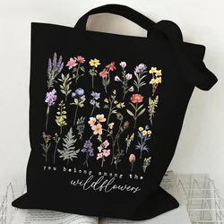 Wildflower Lover Canvas Shopping Bag Boho Vintage Flower Pattern Shoulder Bag Women Positive Quotes Print Versatile Storage Bags