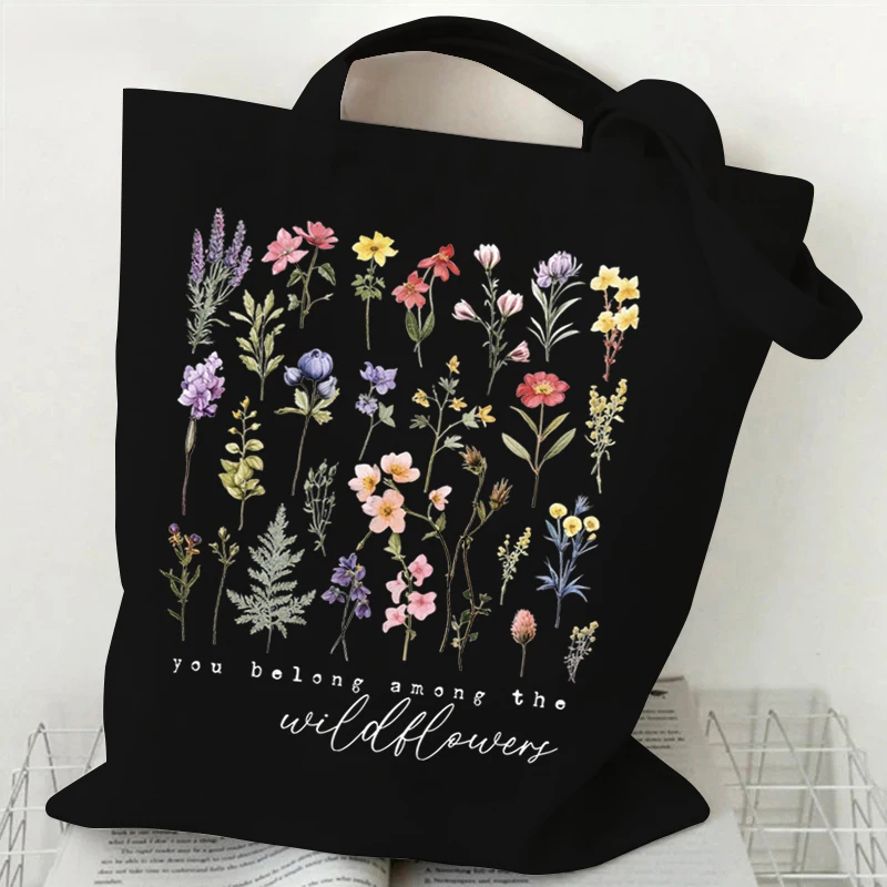 Wildflower Lover Canvas Shopping Bag Boho Vintage Flower Pattern Shoulder Bag Women Positive Quotes Print Wszechstronne torby do przechowywania