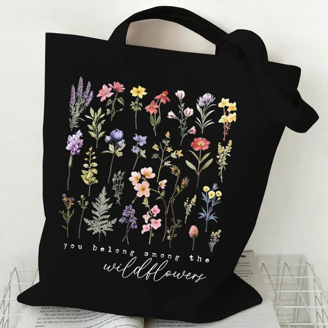 Wildflower Lover Canvas Shopping Bag Boho Vintage Flower Pattern Shoulder Bag Women Positive Quotes Print Wszechstronne torby do przechowywania