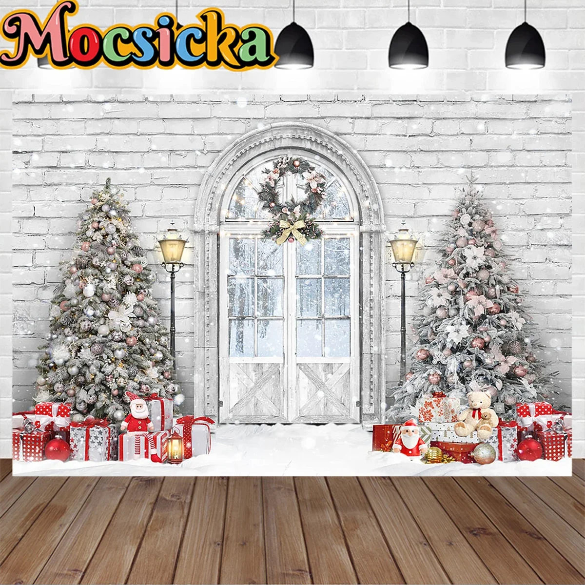 Christmas Snowy Door Photography Background Winter Xmas Tree White Brick Wall Backdrop Gift Lamp Booth Kid Birthday Photo Studio