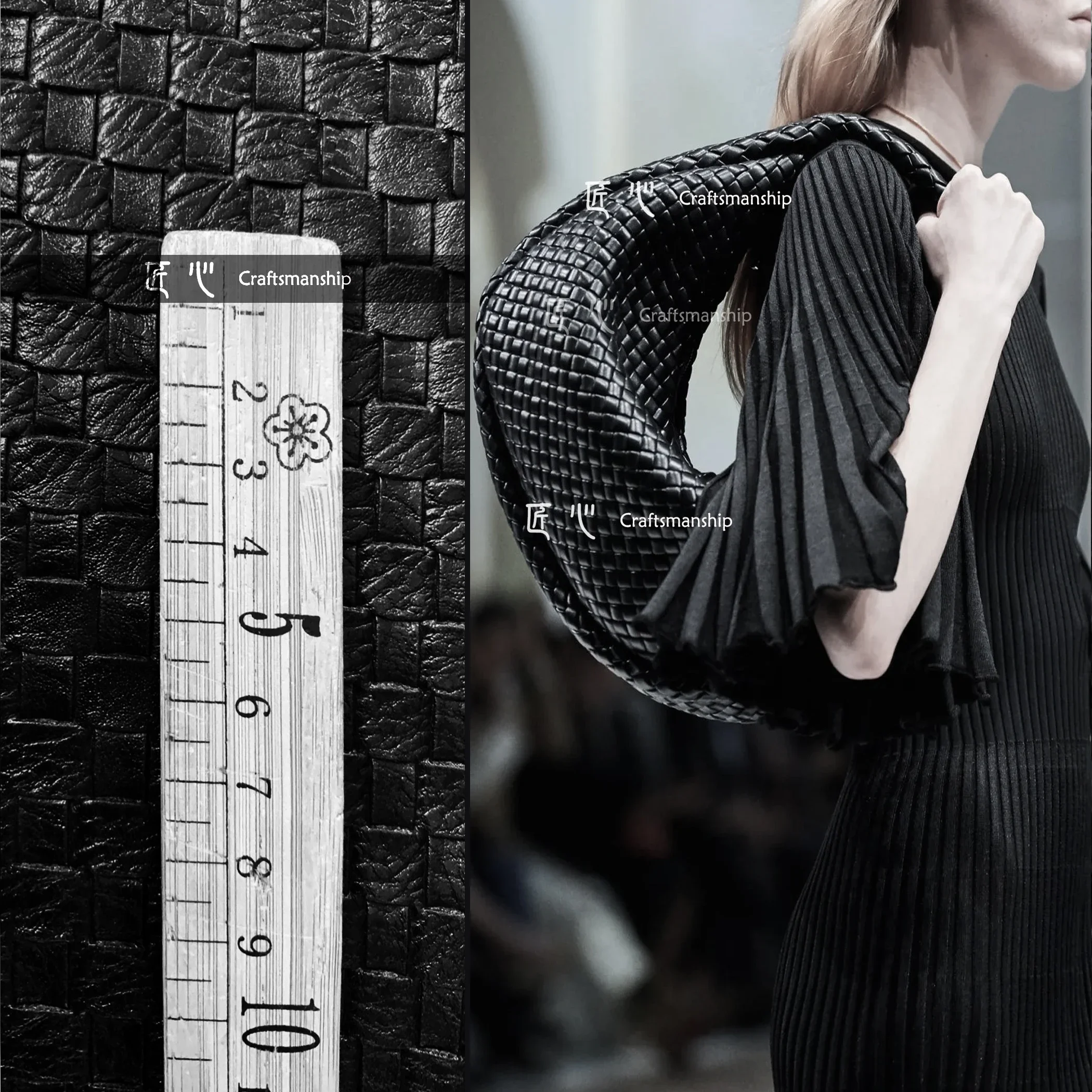 Leather Fabric Black Woven Texture Thick Stiff PU Handmade Bag Coat Creative Fashion Designer DIY Sewting Fabrics YLK