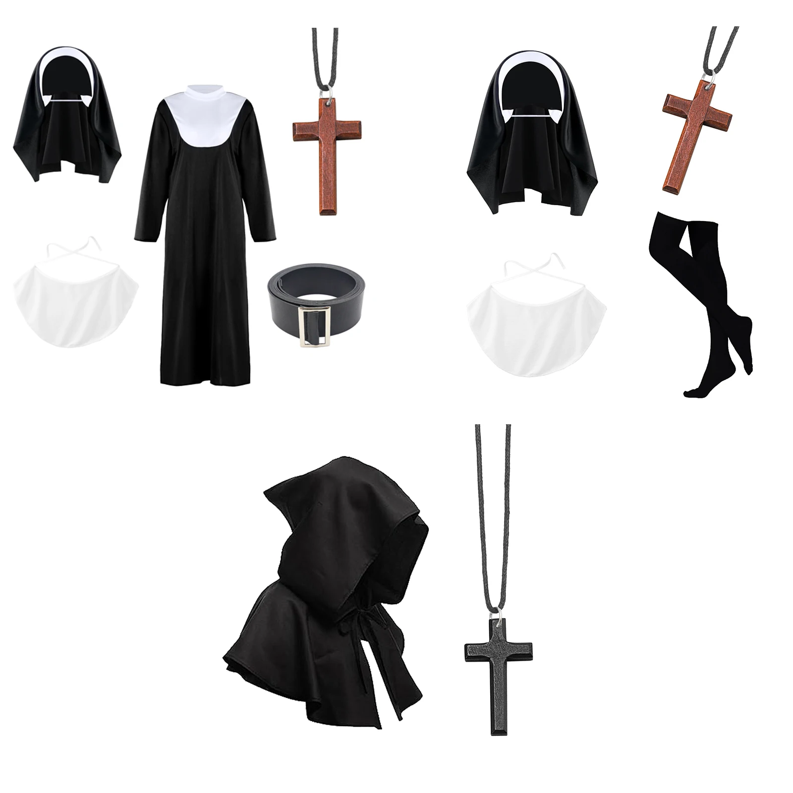 Medieval Nun Priest Clothes Scarf Bib Cross Necklace Belt Stockings Suit Costume Accessories for Festivals Halloween Party