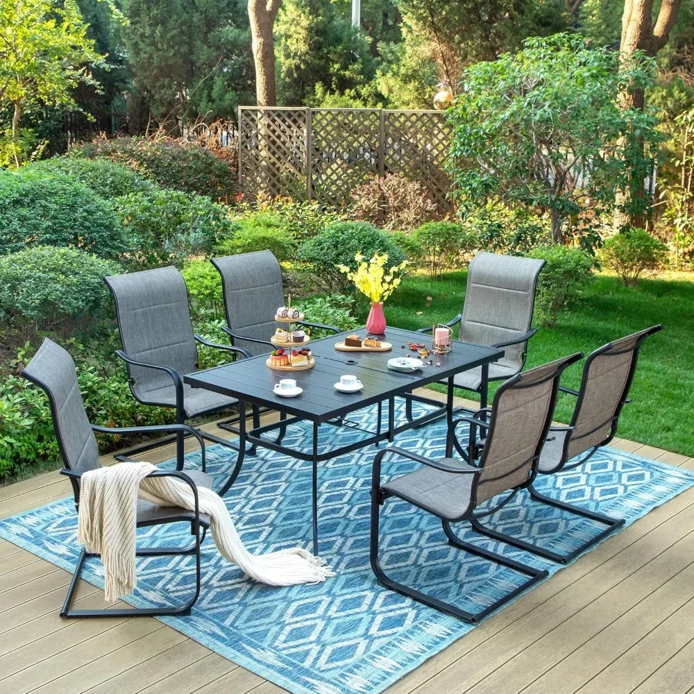 Large Metal Dining Table with Umbrella Hole & 6 Higher Backrest Chairs with Padded Textilene, Dining Room Sets