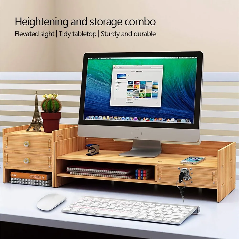 Monitor Stand Desk Monitor Stand with Three Drawers Holder Load Capacity 5 KG Wooden Desktop Organizer for PC Monitor Laptop