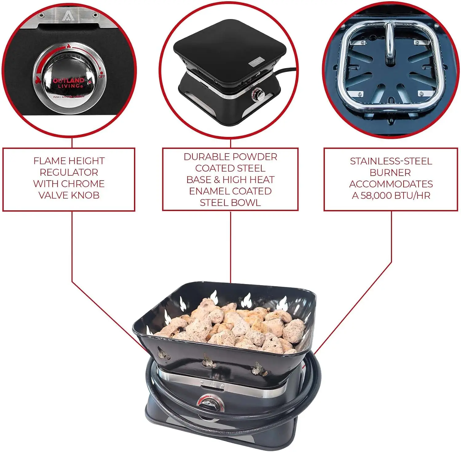 Portable Square Propane Fire Pit, Outdoor Gas Firebowl Table With Cover And Carrying Strap Kit, Lava Rocks Smokeless Campfire Burner For Patio Garden Backyard Camping, Black Color view 4