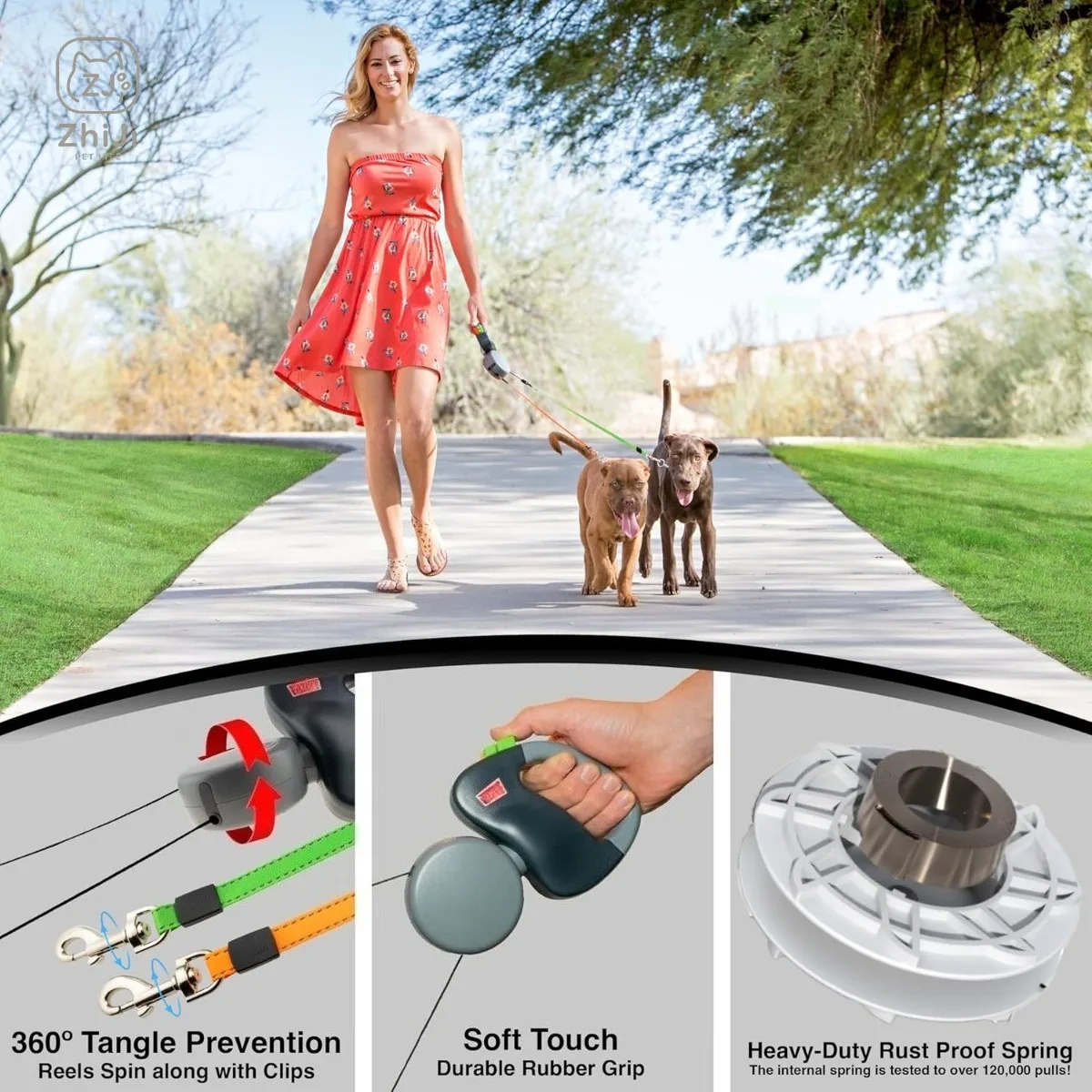 Enhanced Edition Double Dog Retractable Leash Auto-Untangles Reflective Waterproof Leash Supports Up To 50lb Dog Running Leash