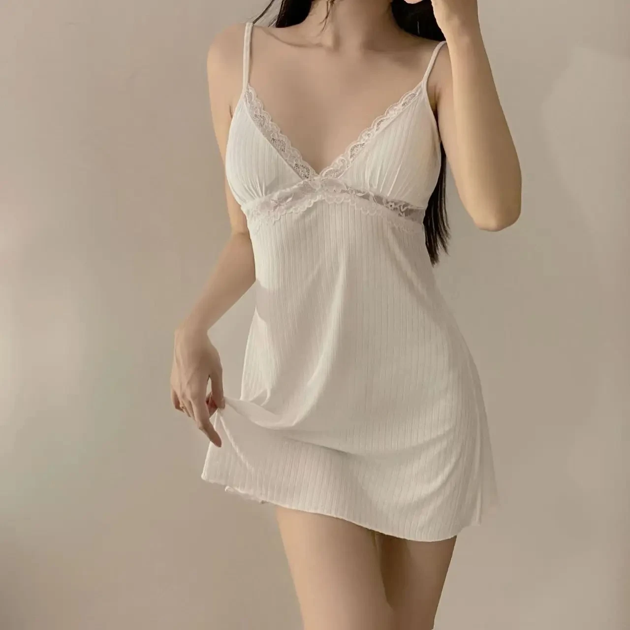 Womens Ribbed Knit Cami Dress Lace Trim V Neck Spaghetti Strap Mini Slip Nightgown Loungewear Casual Y2K Summer Sleep Dress Soft