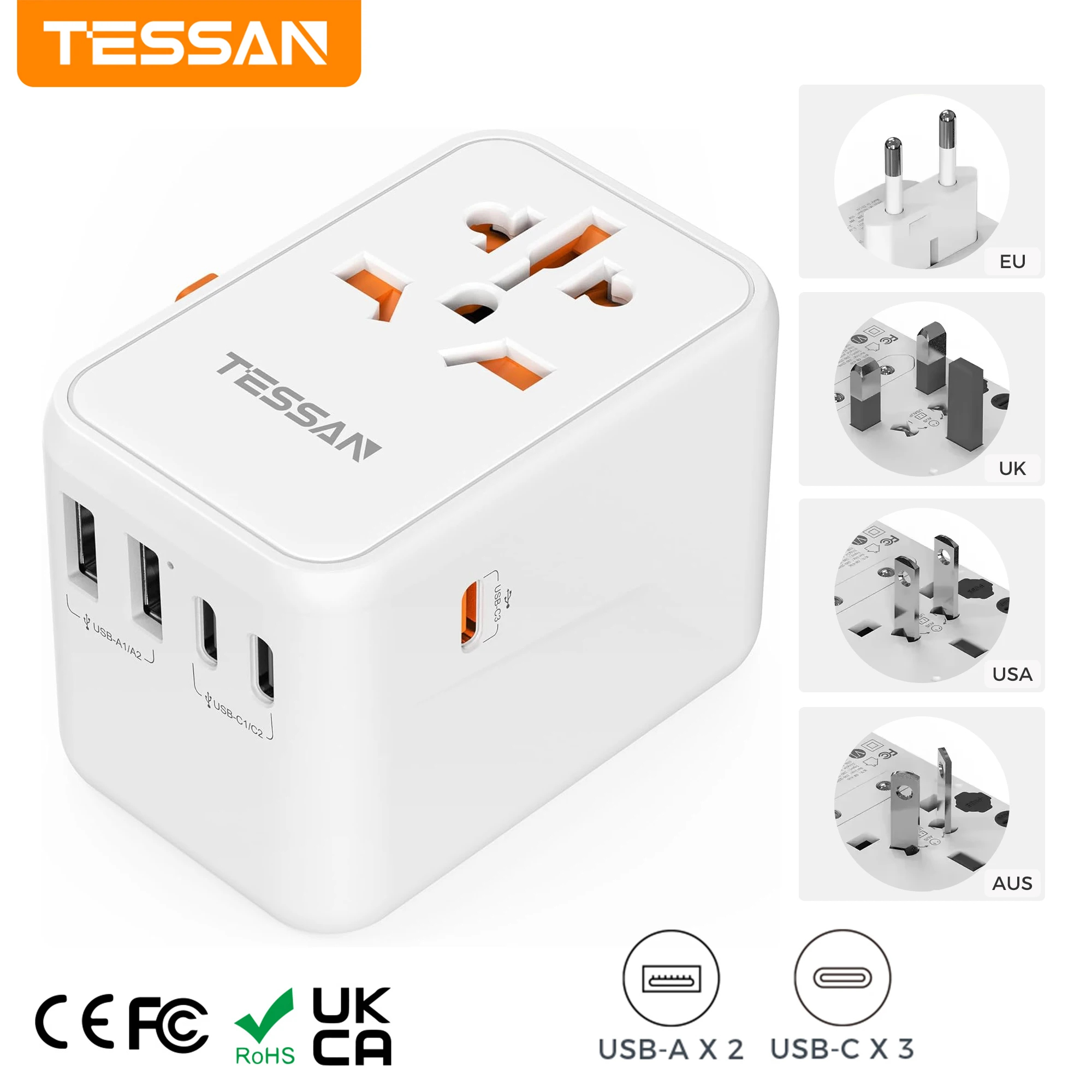 TESSAN 65W GaN Global Travel Adapter Fast Charger All-in-one International Plug USB Socket EU UK USA AUS Power Adapter Converter