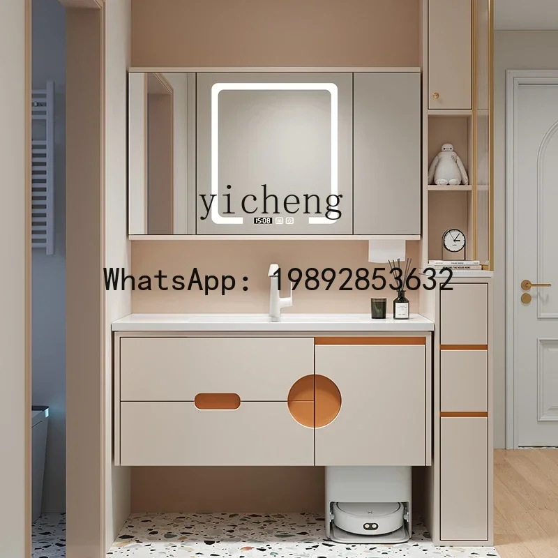 

Y1 Foldable Hidden Feng Shui Mirror Bathroom Cabinet Combination Oak Integrated Ceramic Washbasin