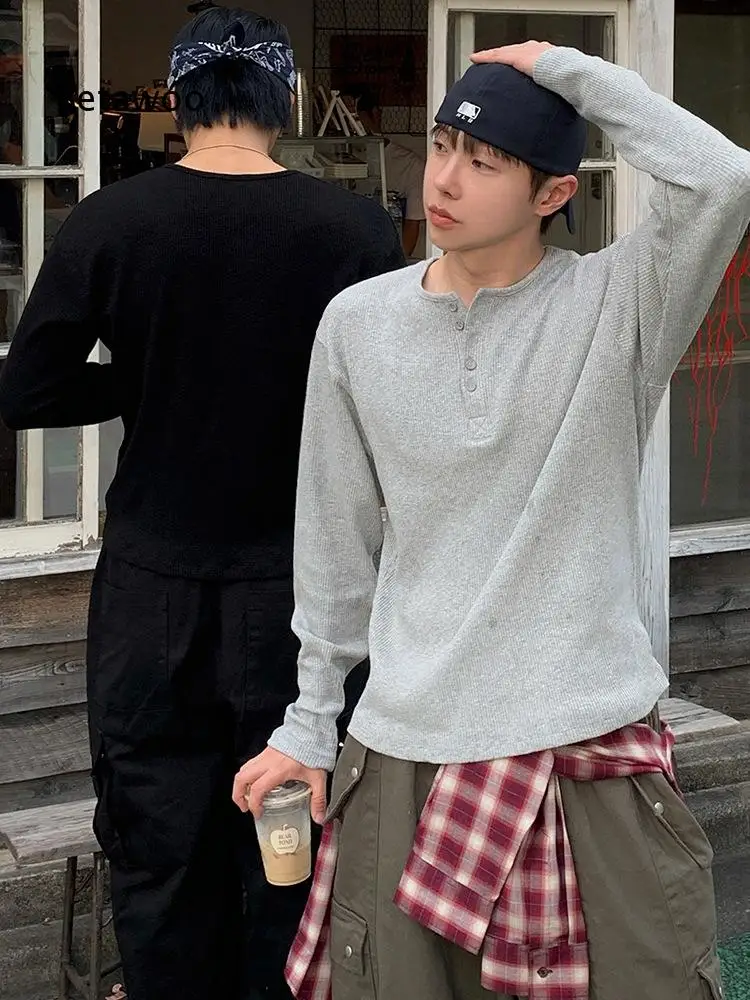Mens Waffle Henley Collar Long Sleeve T Shirt Autumn Slim Fit Versatile Undershirt Korean Old Money Aesthetic Top For Multiple
