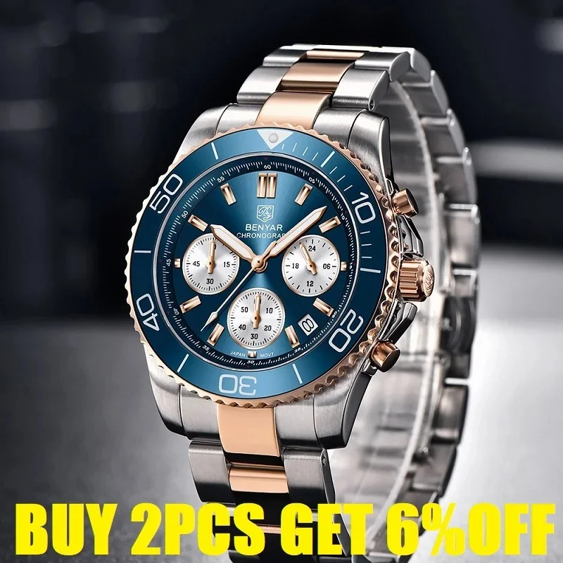 BENYAR BY-S002 Men Chronograph Watch, Japan Seiko Quartz, Sapphire Crystal, 316L Stainless Steel, 100M Waterproof Reloj Hombre