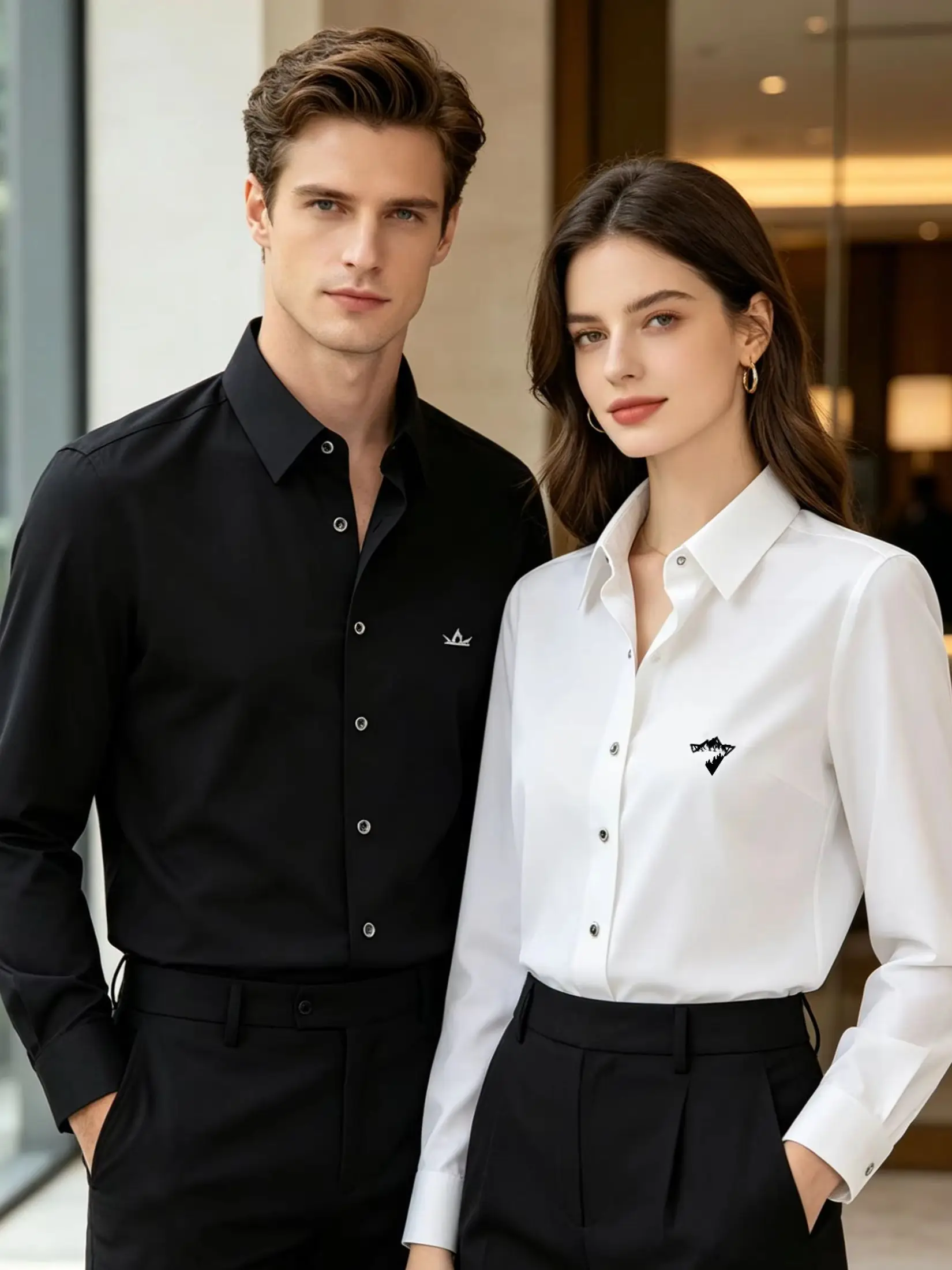 1PC Unisex Premium Business Casual Shirt with Word Logo Long Sleeve Slim Fit Wrinkle Resistant Formal Office Daily Shirt