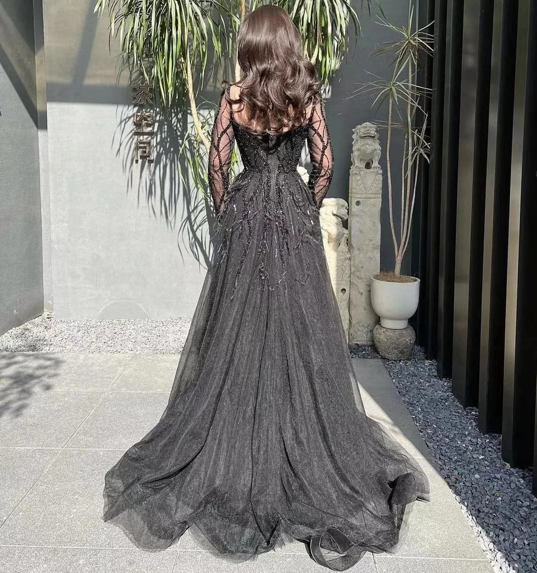 Glitter Prom Dresses Tulle Formal Party Gown Side High Slit Sleeveless Luxury Sweetheart Customized Evening Dress Gala Feather