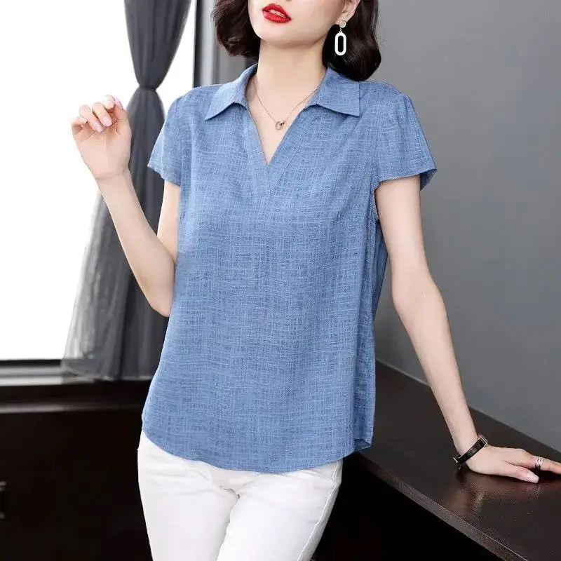 

Fashion V-Neck Solid Color Short Sleeve Blouse Women's Clothing 2023 Summer New Oversized Casual Pullovers Loose Korean Shirt