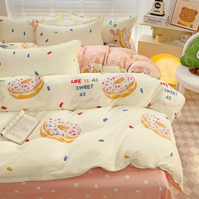 Cute Cartoon Donuts Duvet Cover Pink Bedding Set Polyester Quilt Cover and Sheet Pillowcase Children Girls Bedclothes NO Filler